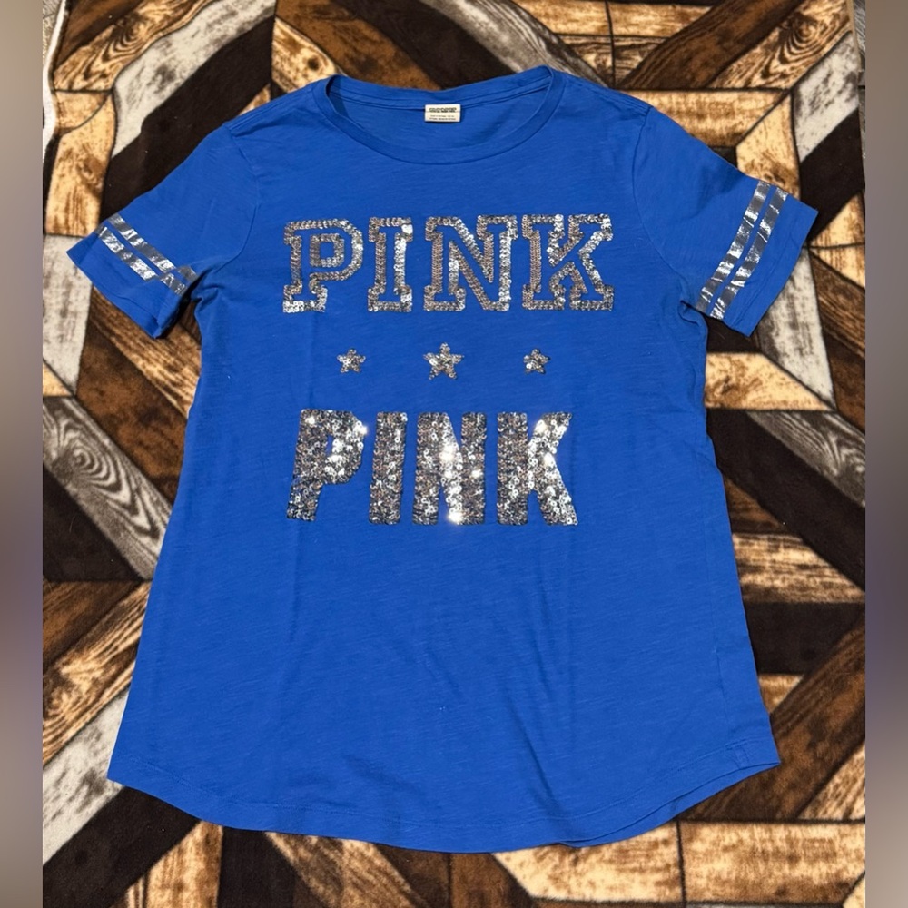 PINK Victoria's Secret Blue Tee with Silver Sequins